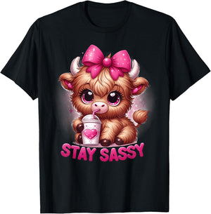 Baby Highland Cow Coffee Pink Bow Stay Sassy Girl Women's Cute T-Shirt - T-Shirt | Black