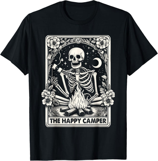Happy Camper Card Skeleton Camper Camping Halloween T-Shirt - T-Shirt | Black