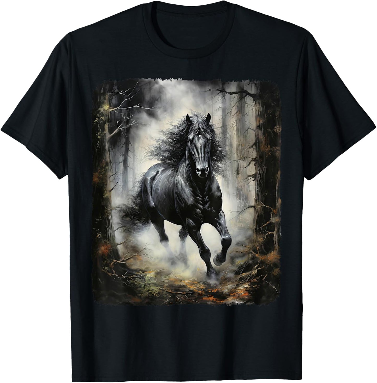 Schwarzes Pferd rennt durch den Wald in der Nacht T-Shirt - T-Shirt | Black