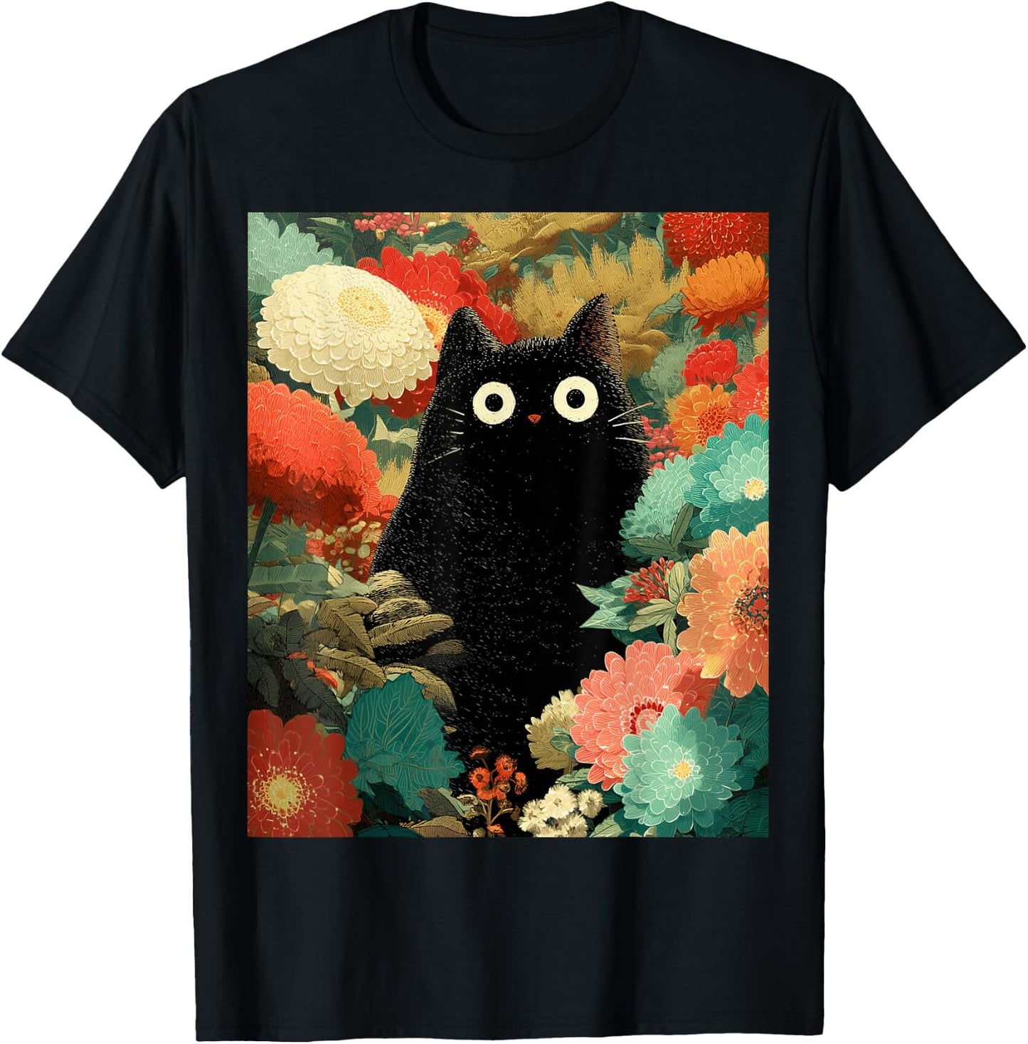 Japanische Schwarze Anime-Katze, Blumen, Sommer, Frühling, Herbst T-Shirt - T-Shirt | Black