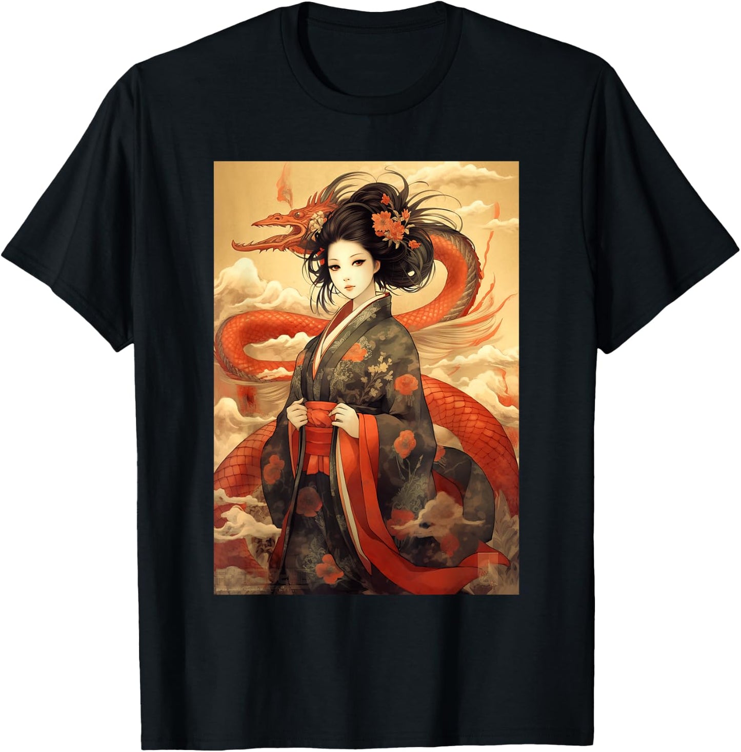 Japanese Geisha Kawaii In Kimono Dragon Japan T-Shirt - T-Shirt | Black