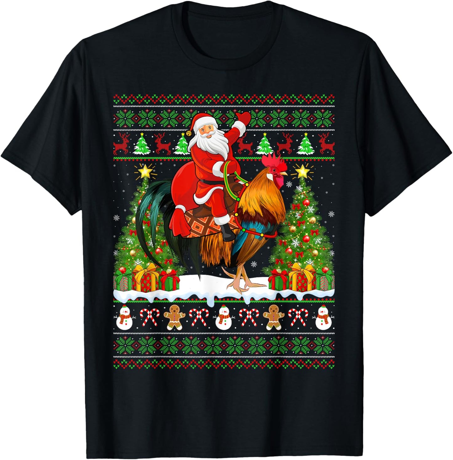 Rooster Bird Lover Funny Ugly Santa Riding Rooster Christmas T-Shirt - T-Shirt | Black