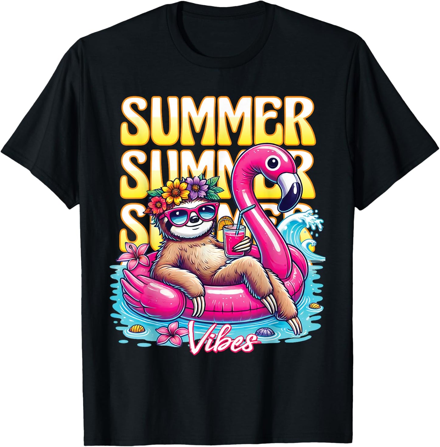 Summer Vibes Funny Sloth Sunglasses Beach Cute Vacation T-Shirt - T-Shirt | Black
