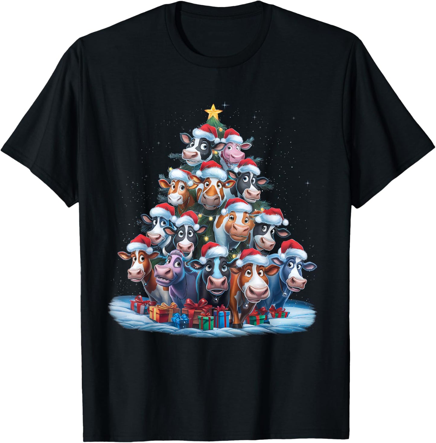 Cow Christmas Tree Lights Xmas Pajamas Pajama Santa Hat Cute T-Shirt - T-Shirt | Black