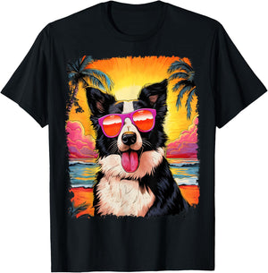 Pop Art Dog Border Collie Hawaiian T-Shirt - T-Shirt | Black
