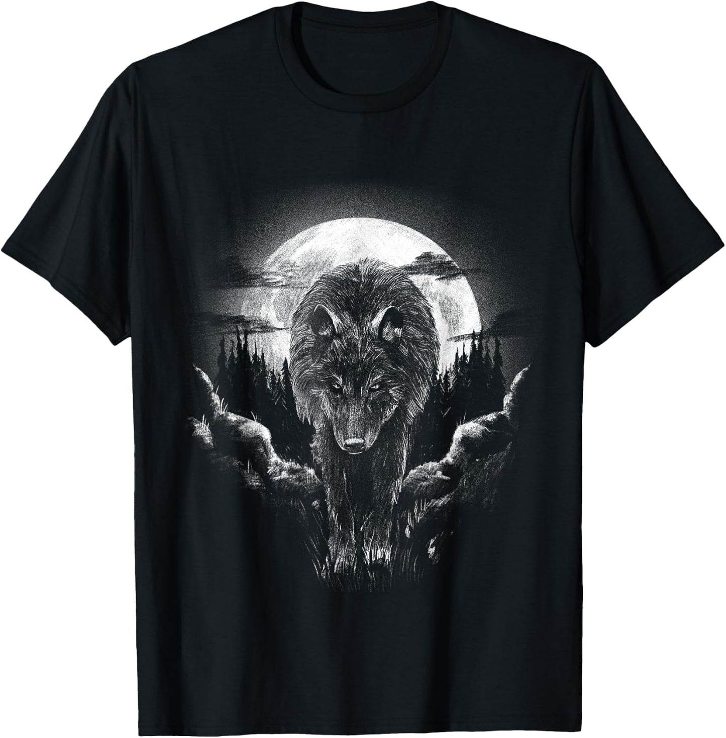 Wolf Animal Moon Drawing Animal Motif Wolf , black, s T-Shirt - T-Shirt | Black