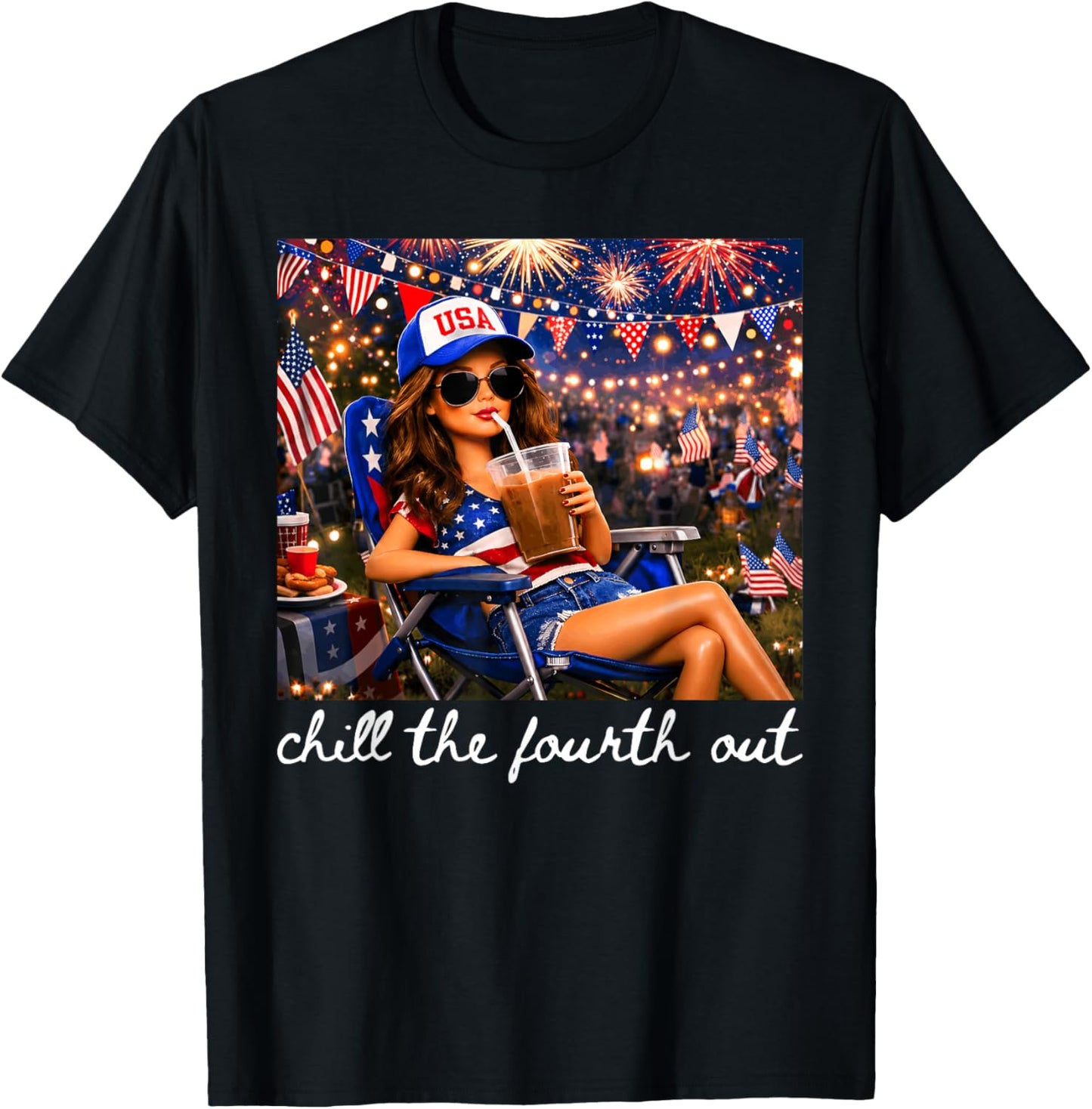 Chill The Fourth Out American Girl Fireworks 4th of July T-Shirt - T-Shirt | Black