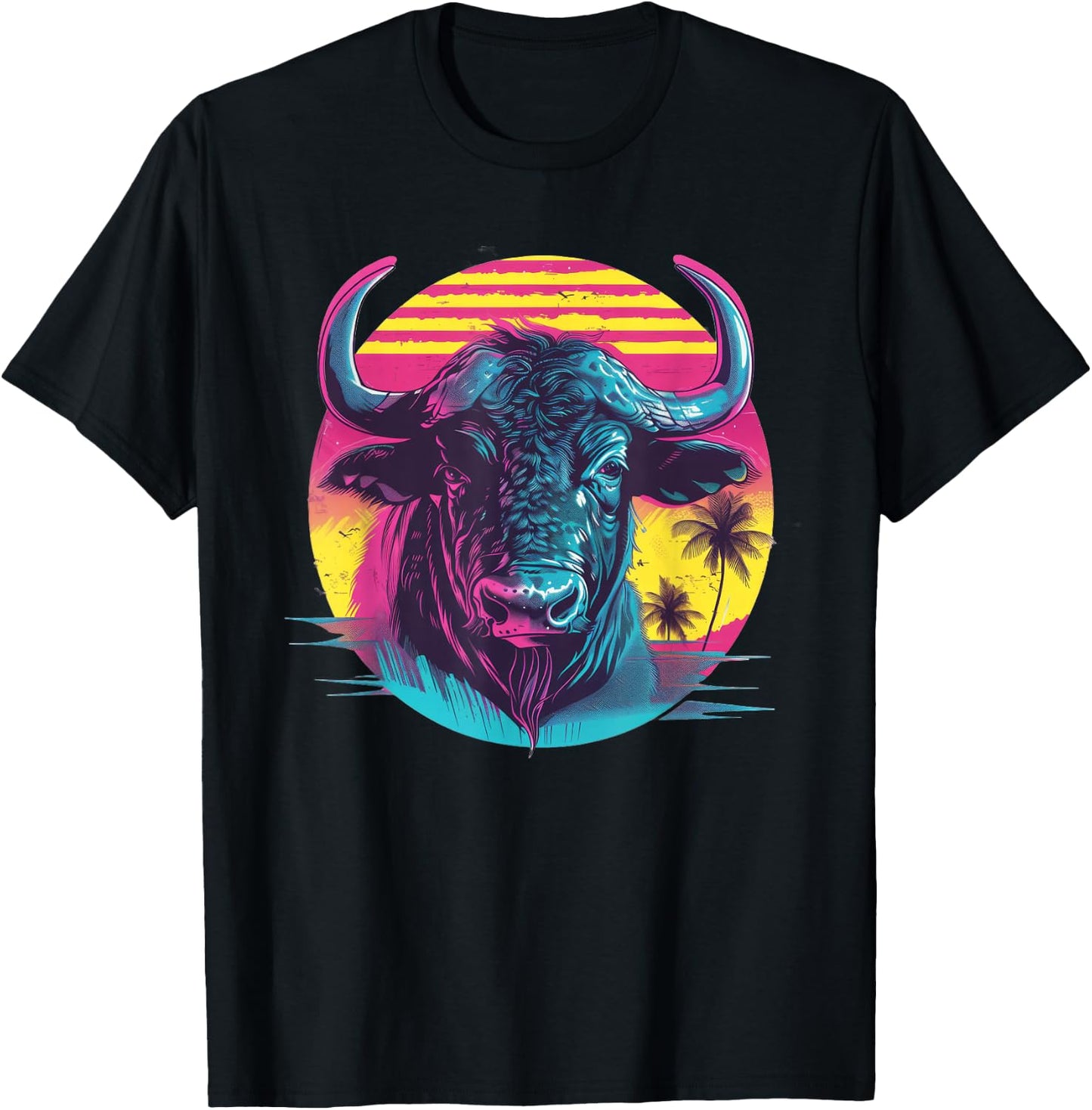 Water Buffalo Synthwave T-Shirt - T-Shirt | Black