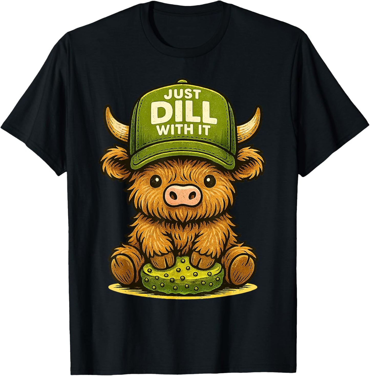 Just Dill with It Highland Cow Pickle Pun Retro T-Shirt - T-Shirt | Black