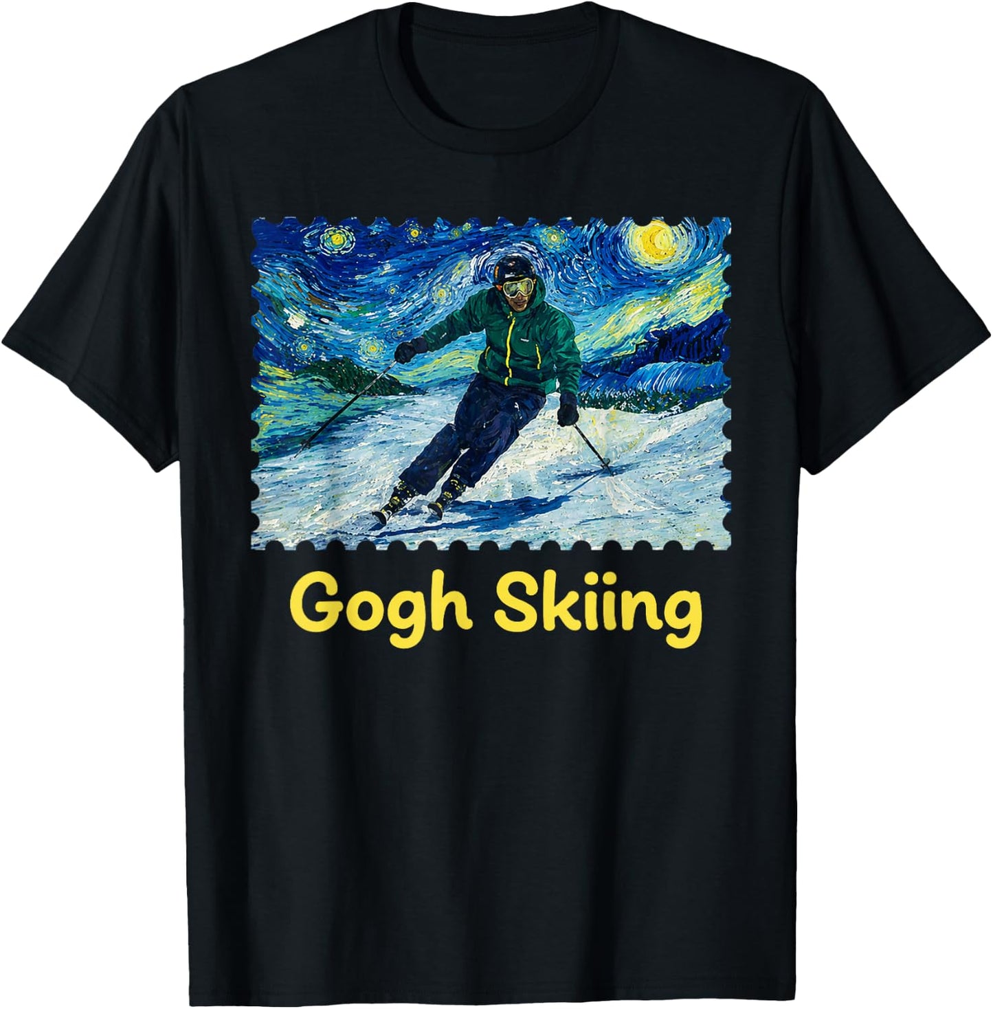 Gogh Skiing Ski Funny Van Gogh Pun Winter Sports Art Design T-Shirt - T-Shirt | Black
