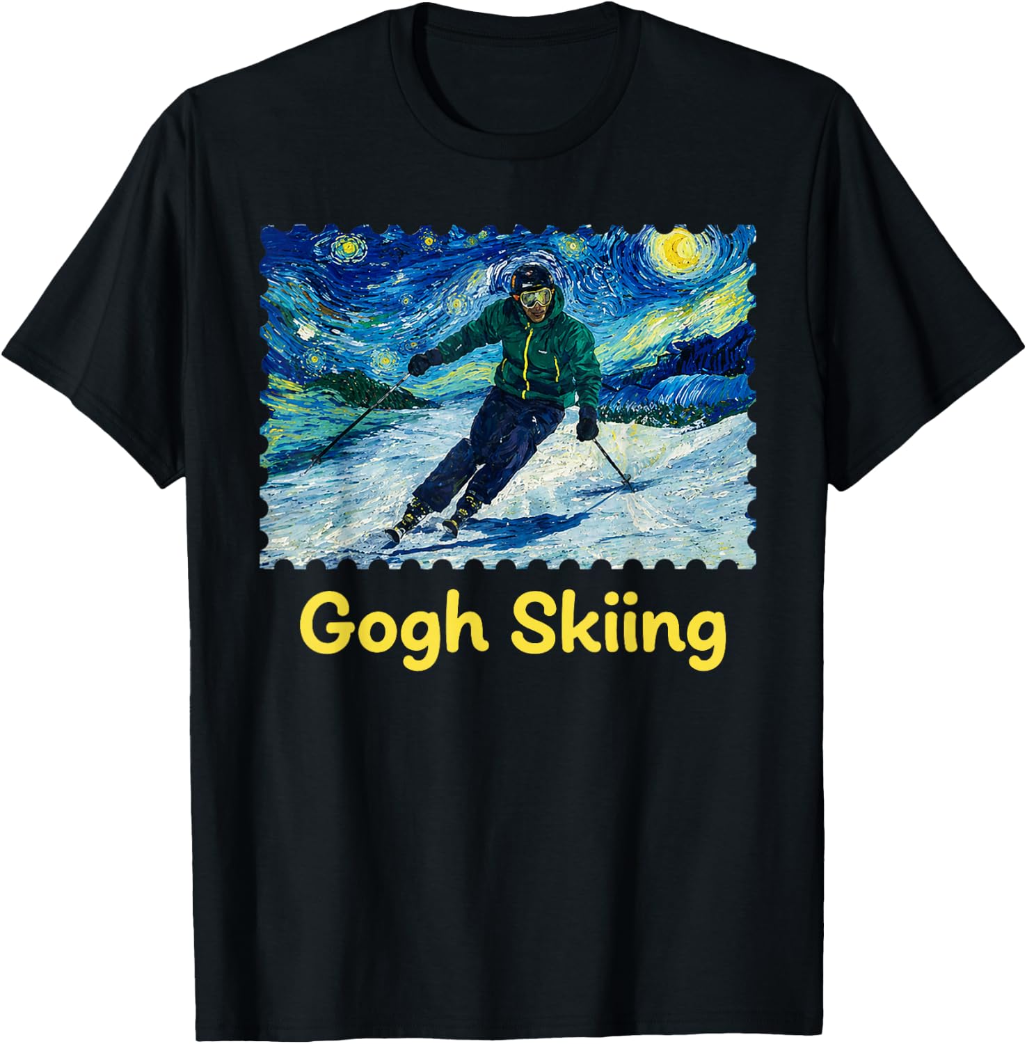Gogh Skiing Ski Funny Van Gogh Pun Winter Sports Art Design T-Shirt - T-Shirt | Black