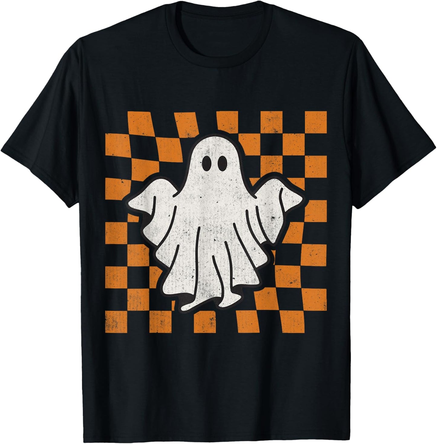 Retro Vintage Checkered Ghost Trendy Funny Halloween T-Shirt - T-Shirt | Black