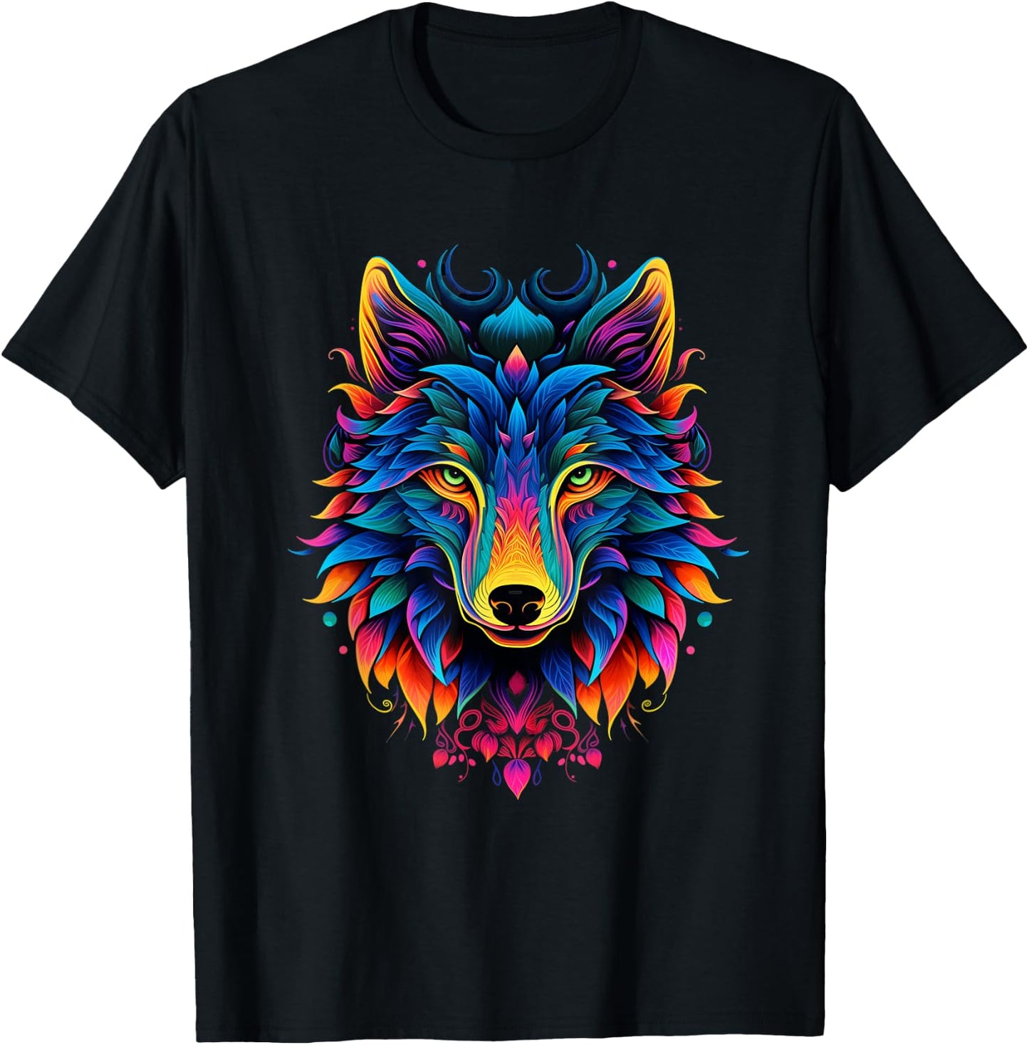 Colorful Psychadelic Nature Wolf Head Art Noveau T-Shirt - T-Shirt | Black