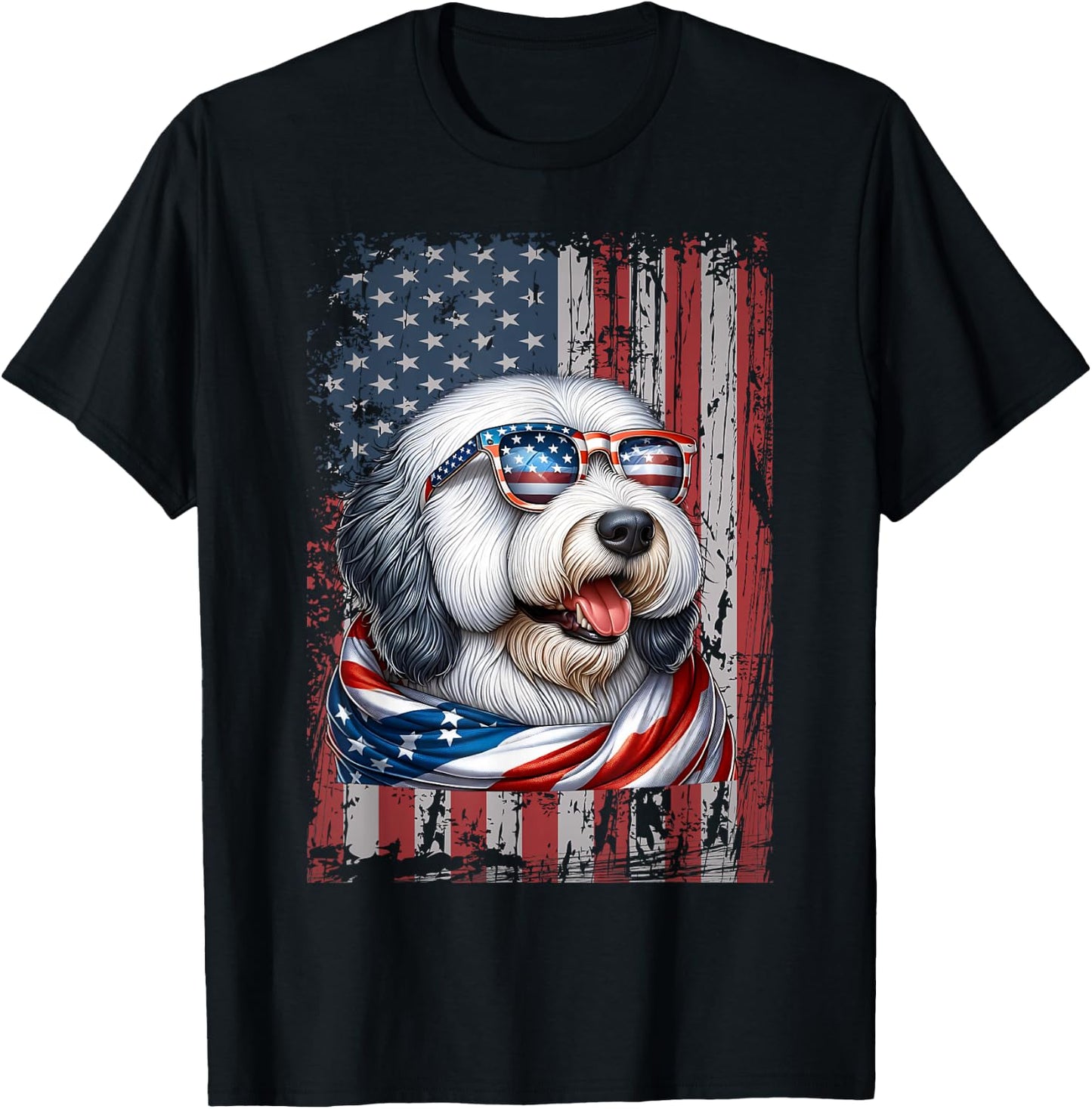 Old English Sheepdog Dog Lover US Flag 4th Of July Patriotic T-Shirt - T-Shirt | Black