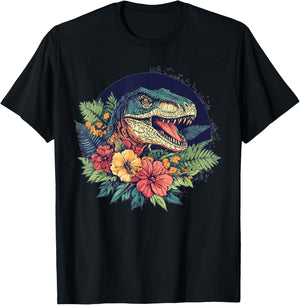 Dinosaur With Floral Background Artwork T-Shirt - T-Shirt | Black