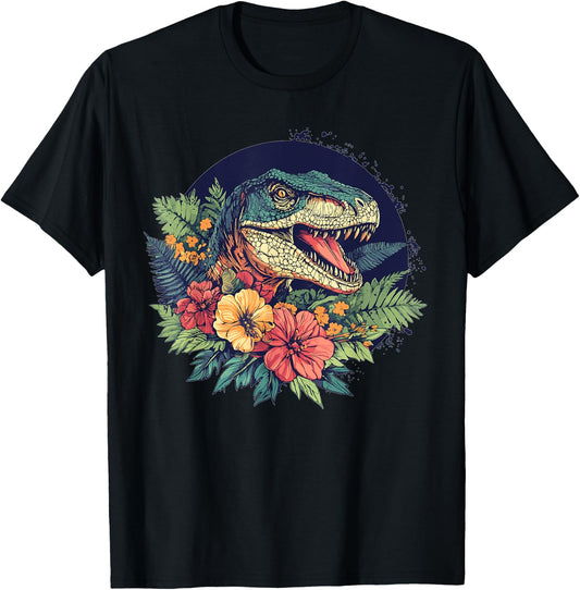 Dinosaur With Floral Background Artwork T-Shirt - T-Shirt | Black