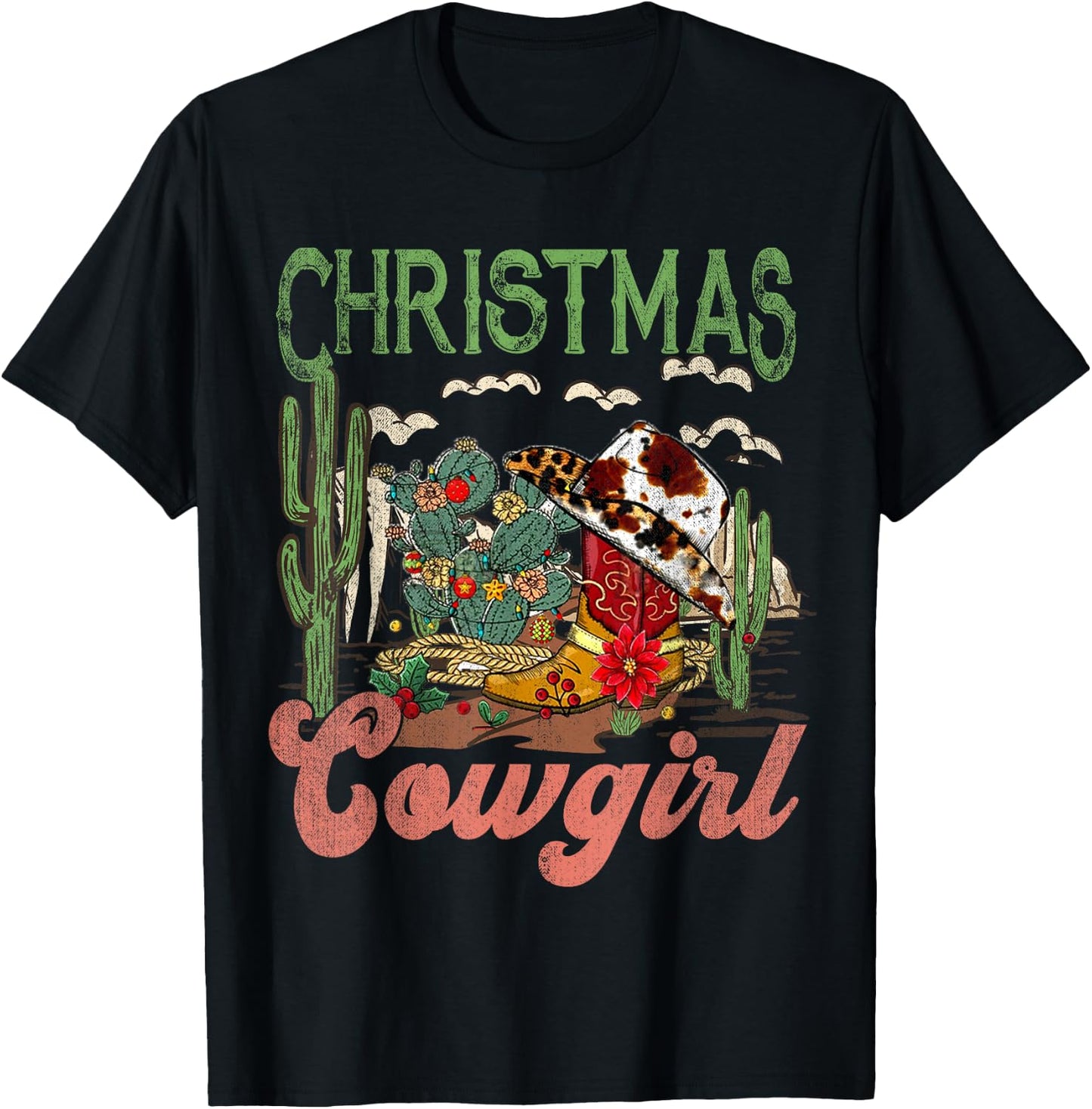 Christmas Cowgirl Western Xmas, Cowboy Xmas Boots T-Shirt - T-Shirt | Black