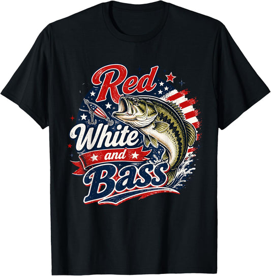 Cool Red White and Bass Patriotic Fishing USA Flag Fisherman T-Shirt - T-Shirt | Black