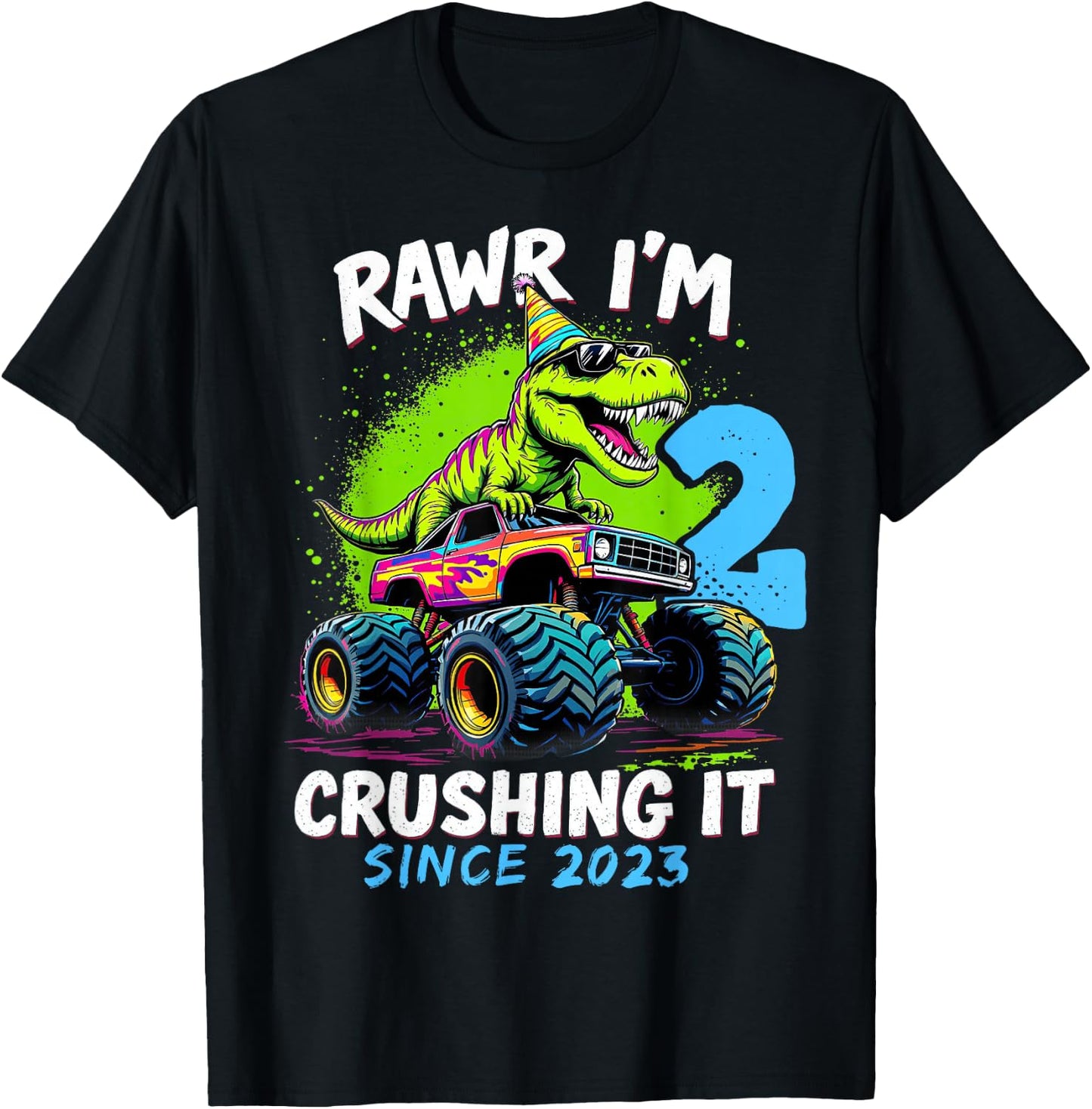 2nd Birthday Monster Truck Dinosaur Party Boys Rawr I'm 2 T-Shirt - T-Shirt | Black