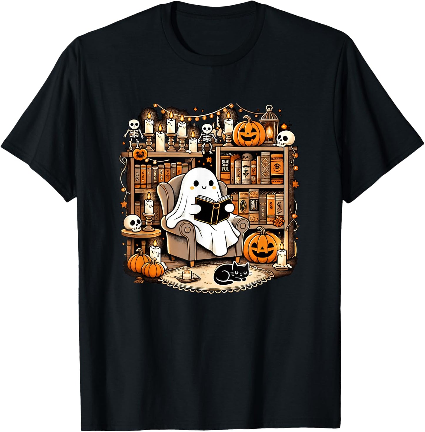 Vintage Ghost Reading Book Lovers Library Halloween Spooky T-Shirt - T-Shirt | Black