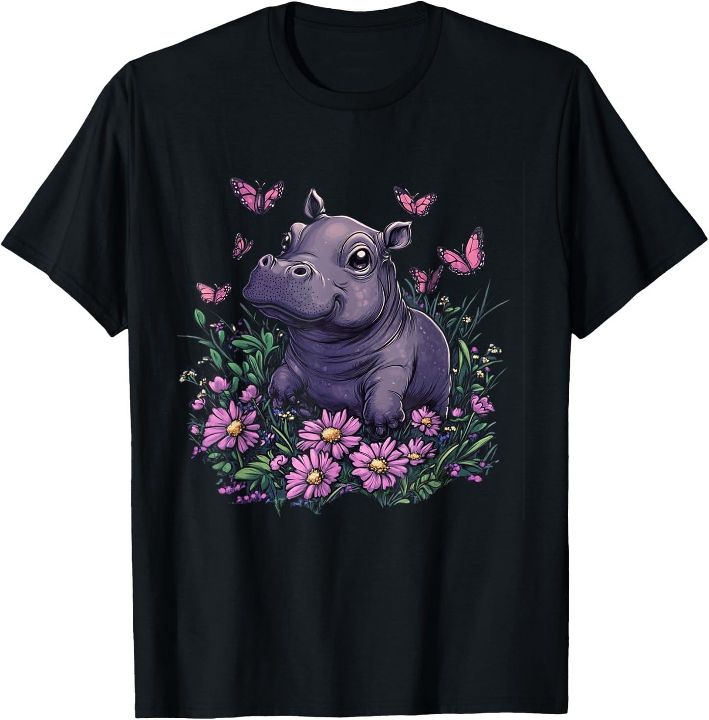 Cute Baby Hippo Pygmy with Flowers Girls T-Shirt - T-Shirt | Black