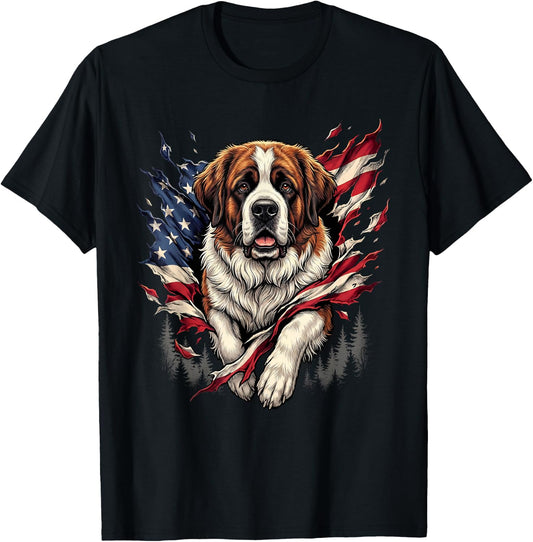 Saint Bernard Dog Patriotic American Flag 4th of July USA T-Shirt - T-Shirt | Black