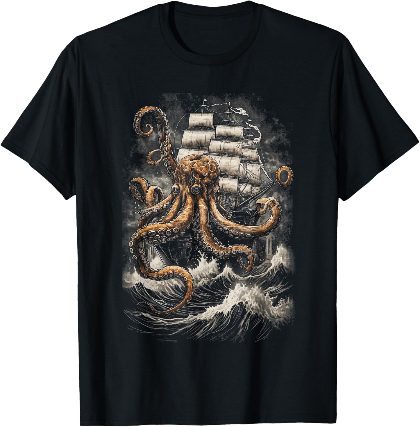 Giant Octopus Pirate Ship Vintage Kraken Sailing Squid T-Shirt - T-Shirt | Black