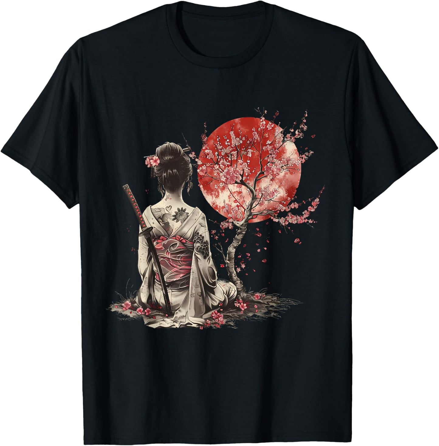 Japanese Samurai Sakura Cherry Blossom Japanese Geisha , Black, S T-Shirt - T-Shirt | Black