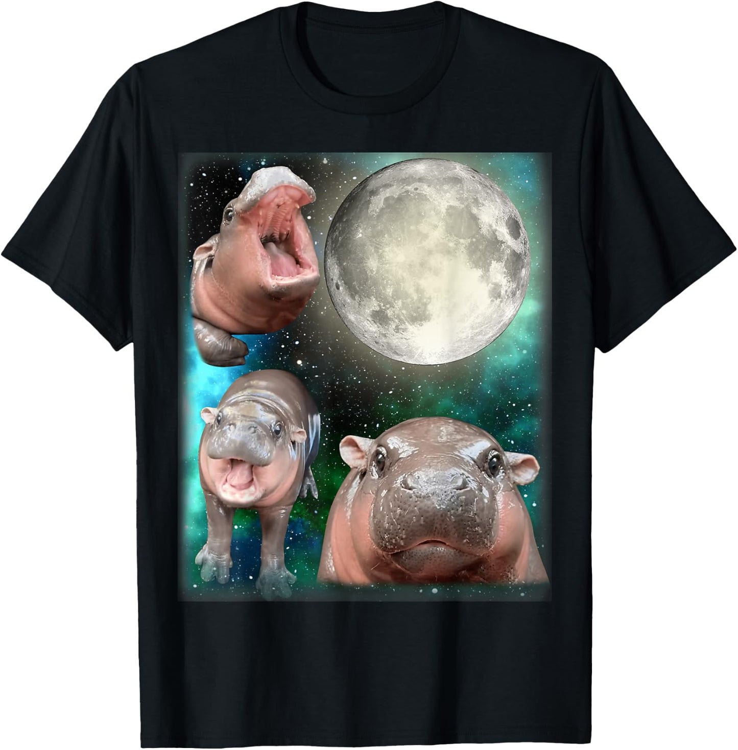 3 Hippo Moon Howling - 3 MOO-DENG Head Moon Howling T-Shirt - T-Shirt | Black
