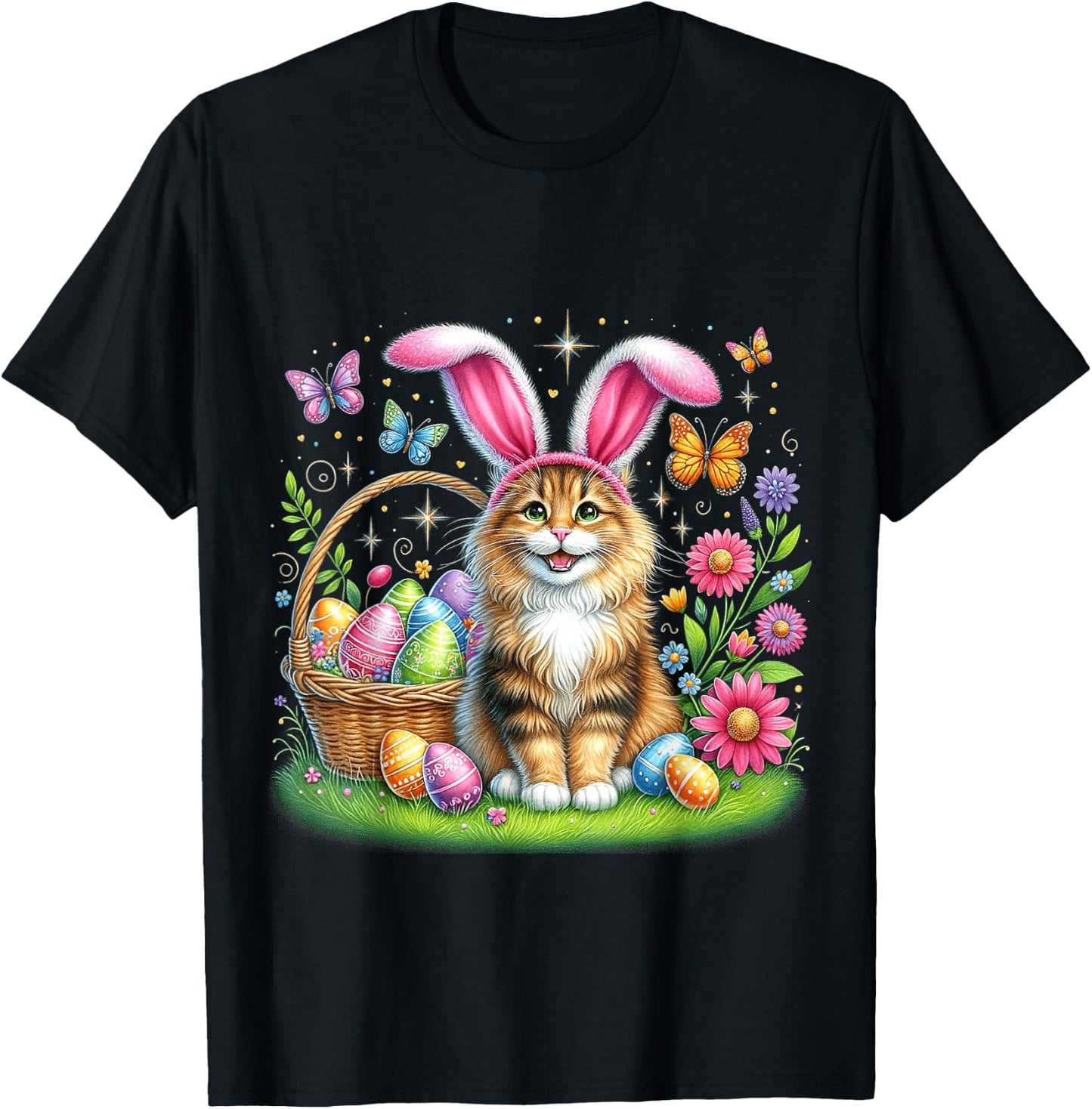 Happy Easter Cute Bunny Norwegian Forest Cat Easter Basket Women Girls Kids T-Shirt - T-Shirt | Black