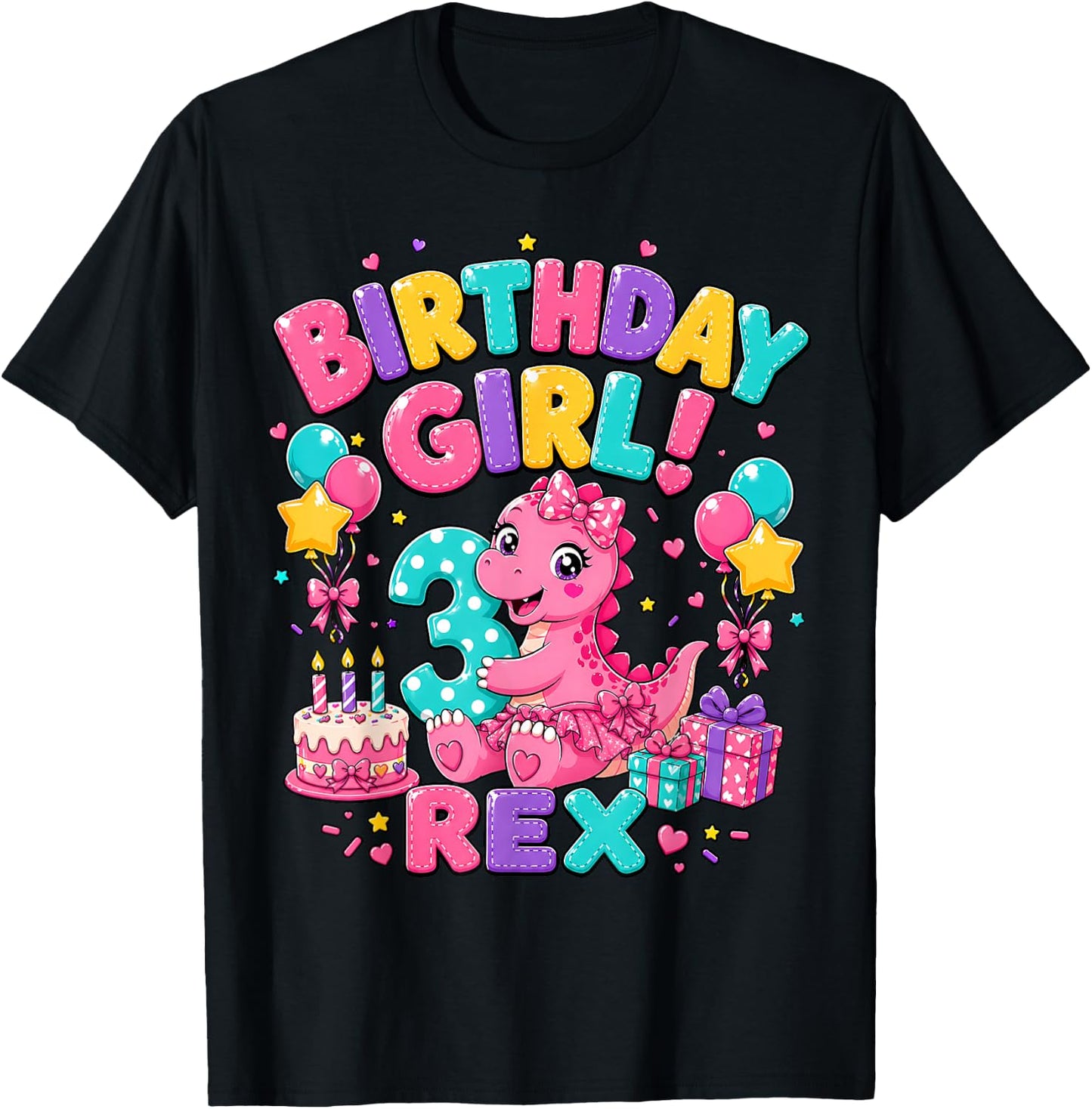 Rawr I'm 3 Three Rex Pink Dinosaur 3rd Birthday Girl Party T-Shirt - T-Shirt | Black