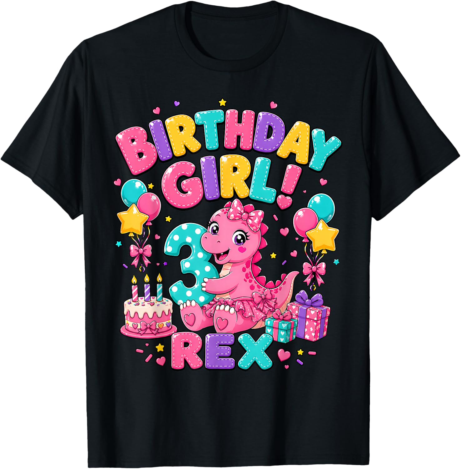Rawr I'm 3 Three Rex Pink Dinosaur 3rd Birthday Girl Party T-Shirt - T-Shirt | Black