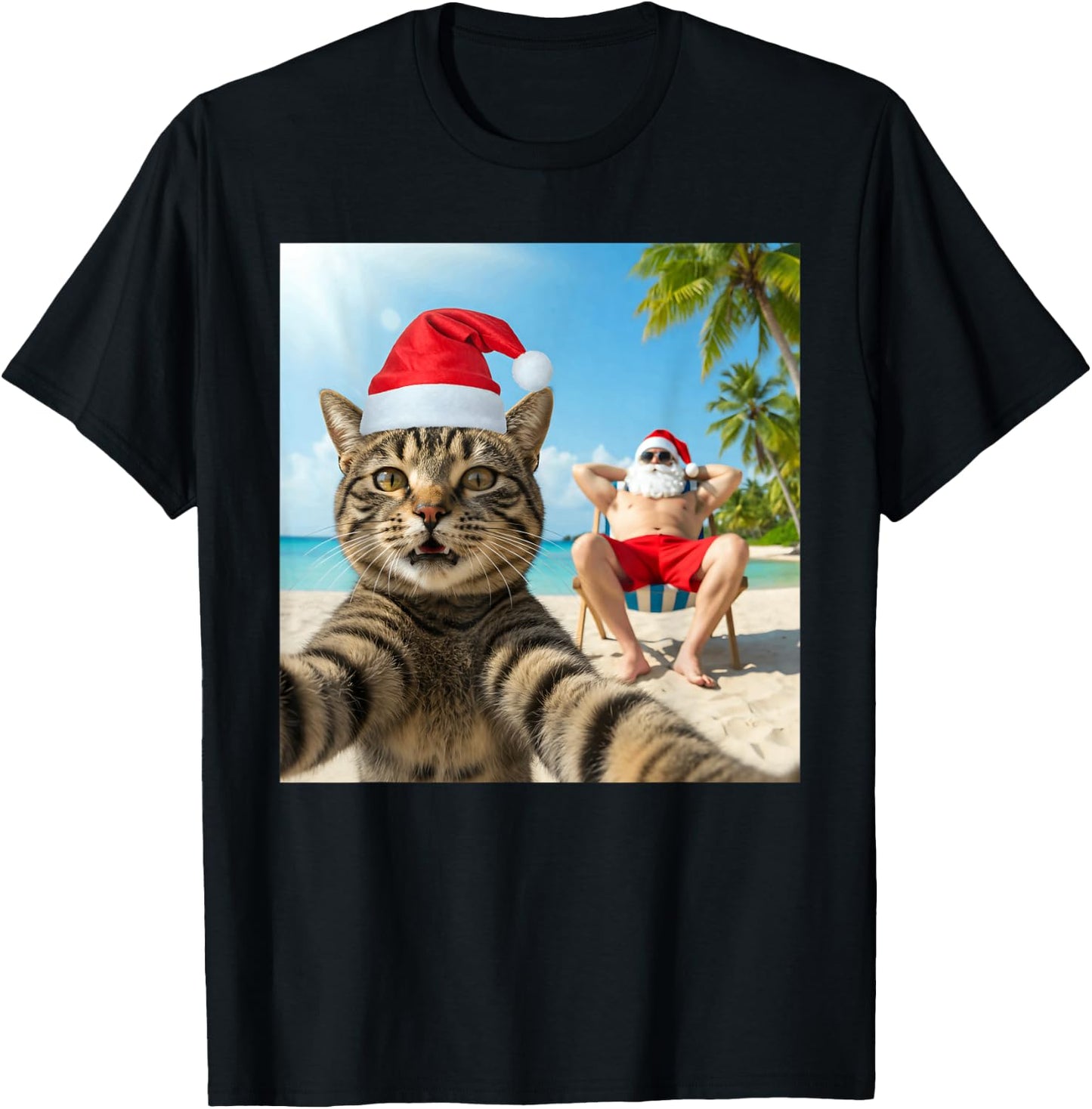 Christmas In July Cat Selfie With Santa Beach Summer Xmas T-Shirt - T-Shirt | Black