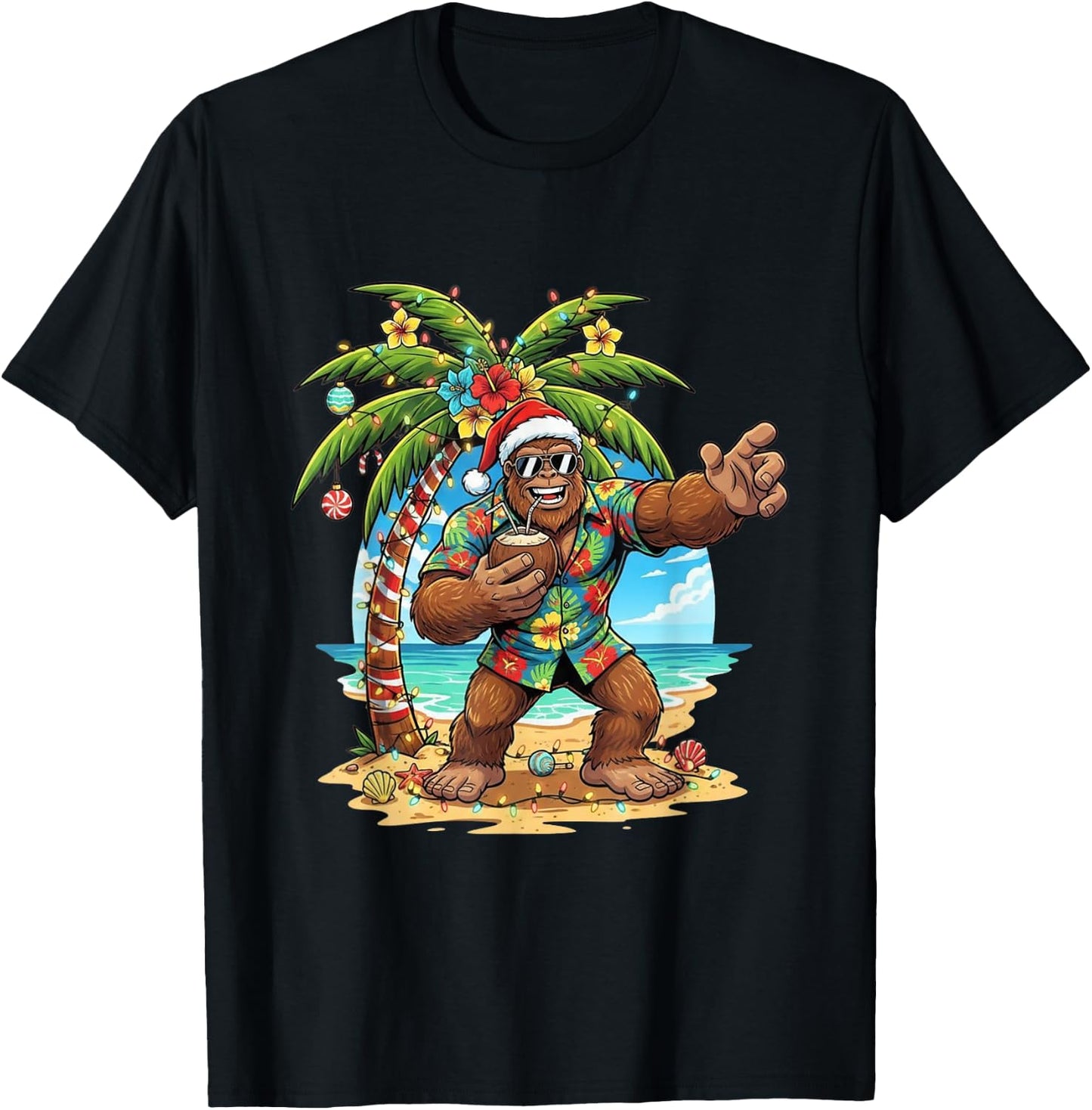 Santa Bigfoot Christmas in July Beach Funny Sasquatch T-Shirt - T-Shirt | Black