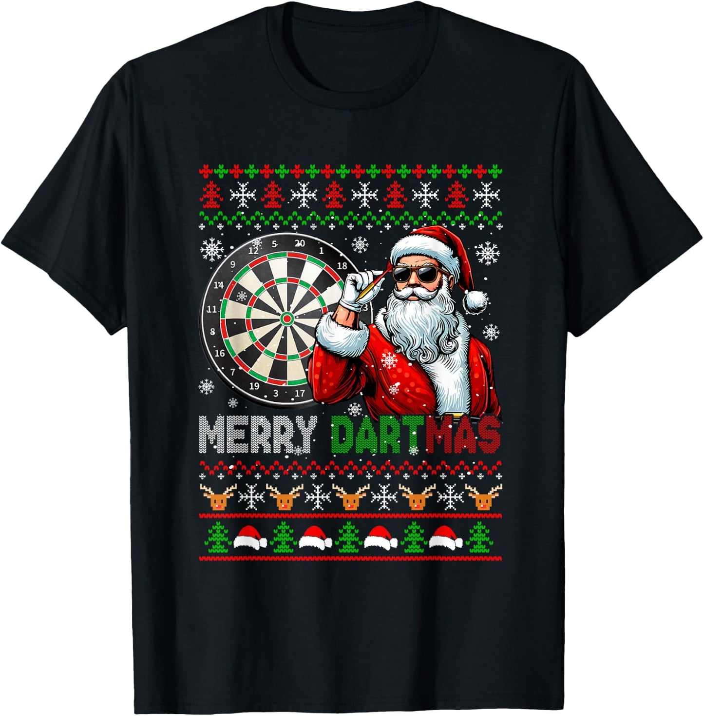 Merry Dartmas Xmas Santa Sunglasses Playing Dart Sweater T-Shirt - T-Shirt | Black