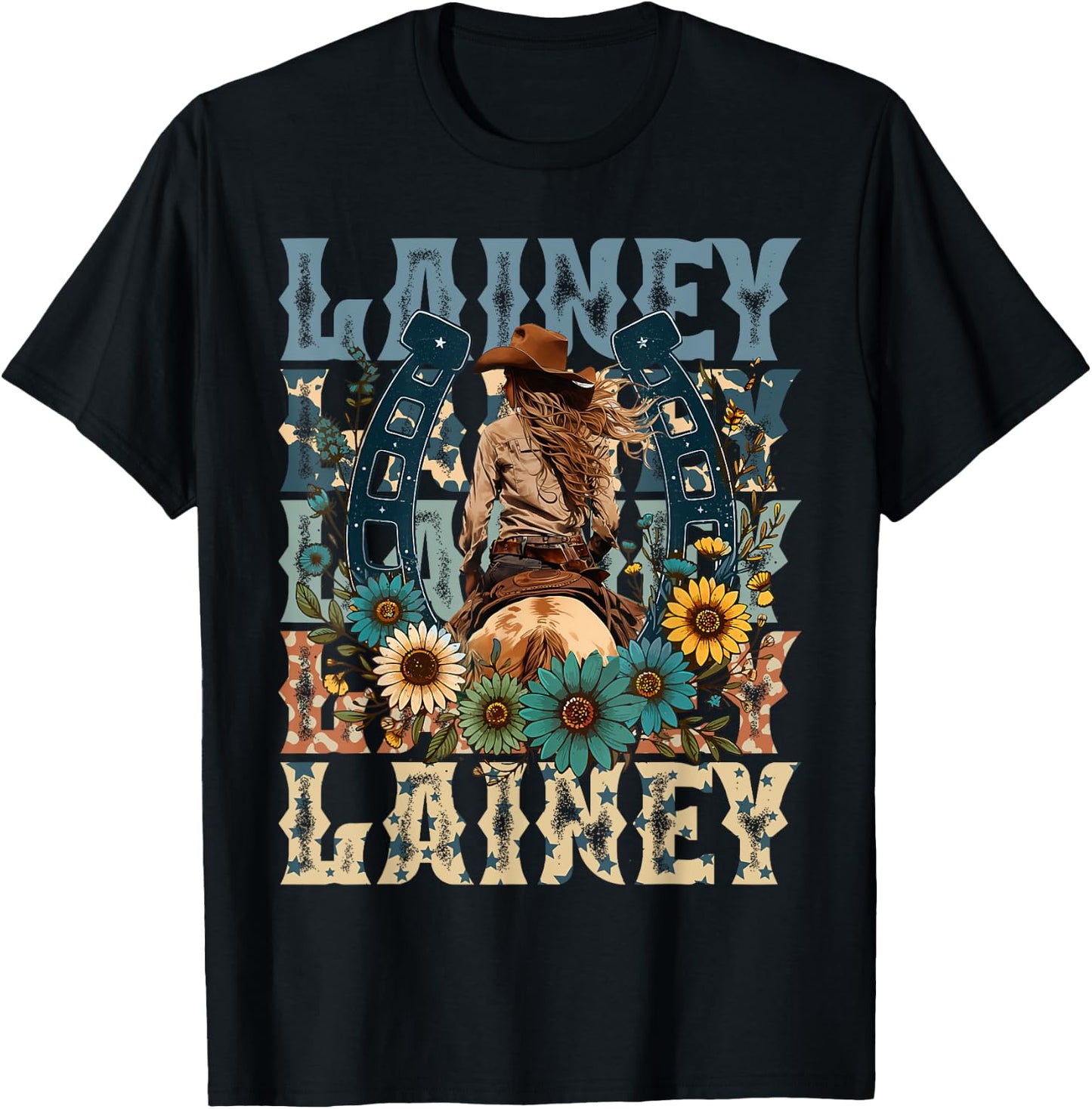 Cowgirl Lainey First Name Personalized Western - -Adults, Kids - Black - Small - Short Sleeve - - Animal Print Fabric Blend T-Shirt - T-Shirt | Black