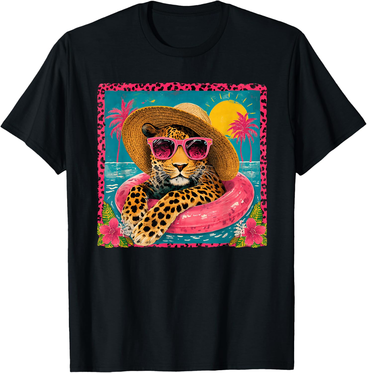 Summer Funny Leopard Sunglasses Pool Float Beach Vacation T-Shirt - T-Shirt | Black