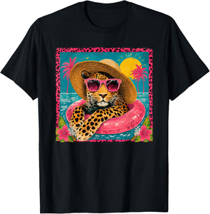 Summer Funny Leopard Sunglasses Pool Float Beach Vacation T-Shirt - T-Shirt | Black