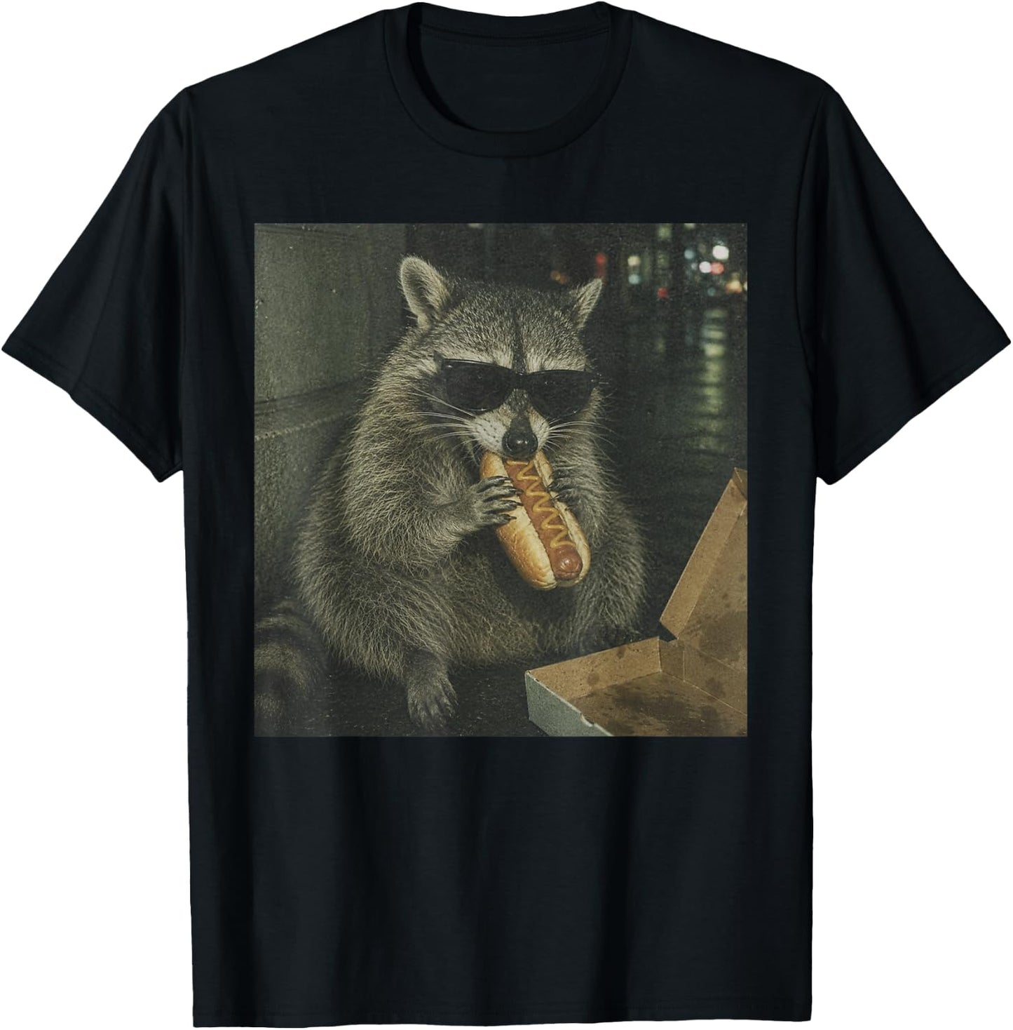 Raccoon Eating Hot Dog Funny Animal Meme T-Shirt - T-Shirt | Black