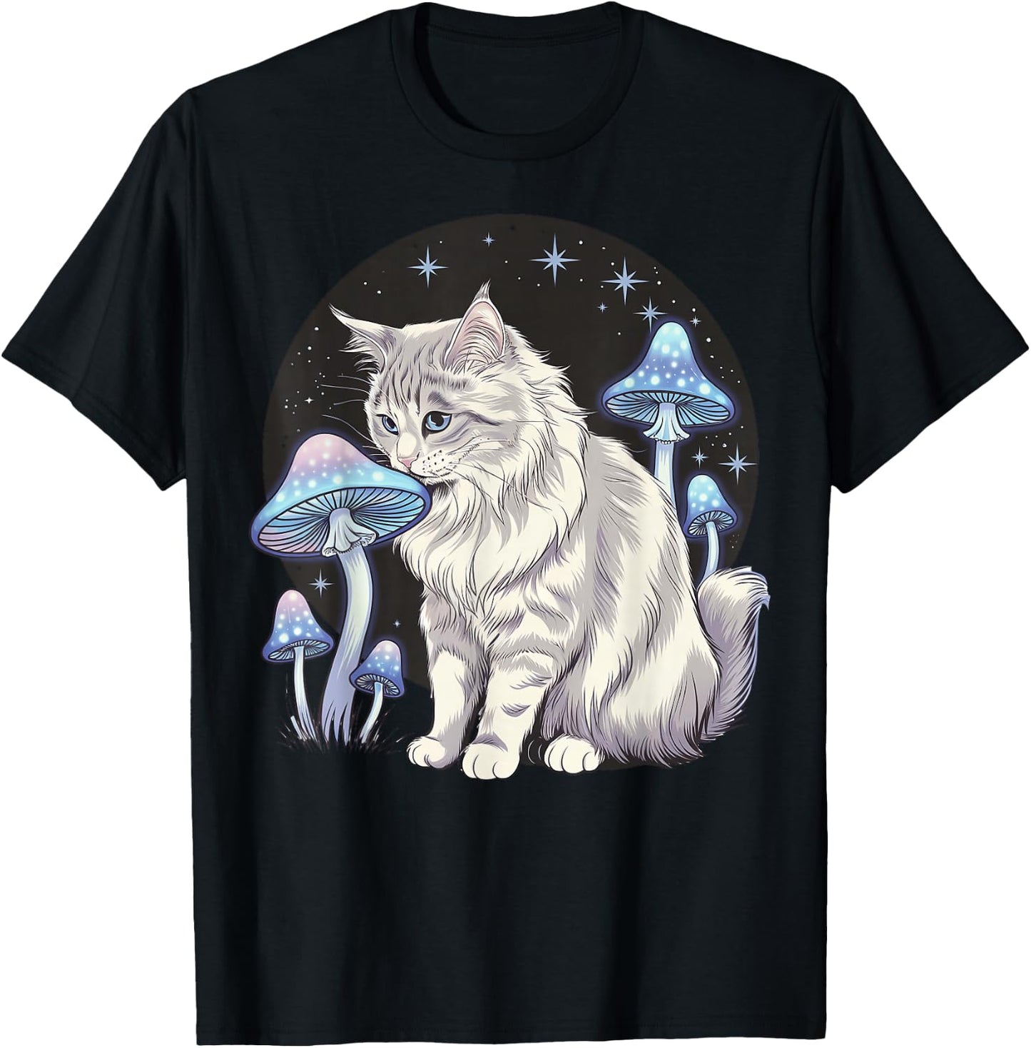 Magical Turkish Angora Sniffing Glowing Mushrooms T-Shirt - T-Shirt | Black