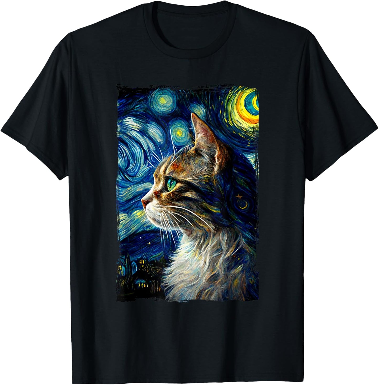 Starry Night Cat Van Gogh's Cat Vincent - Cat Lover Parodie T-Shirt - T-Shirt | Black