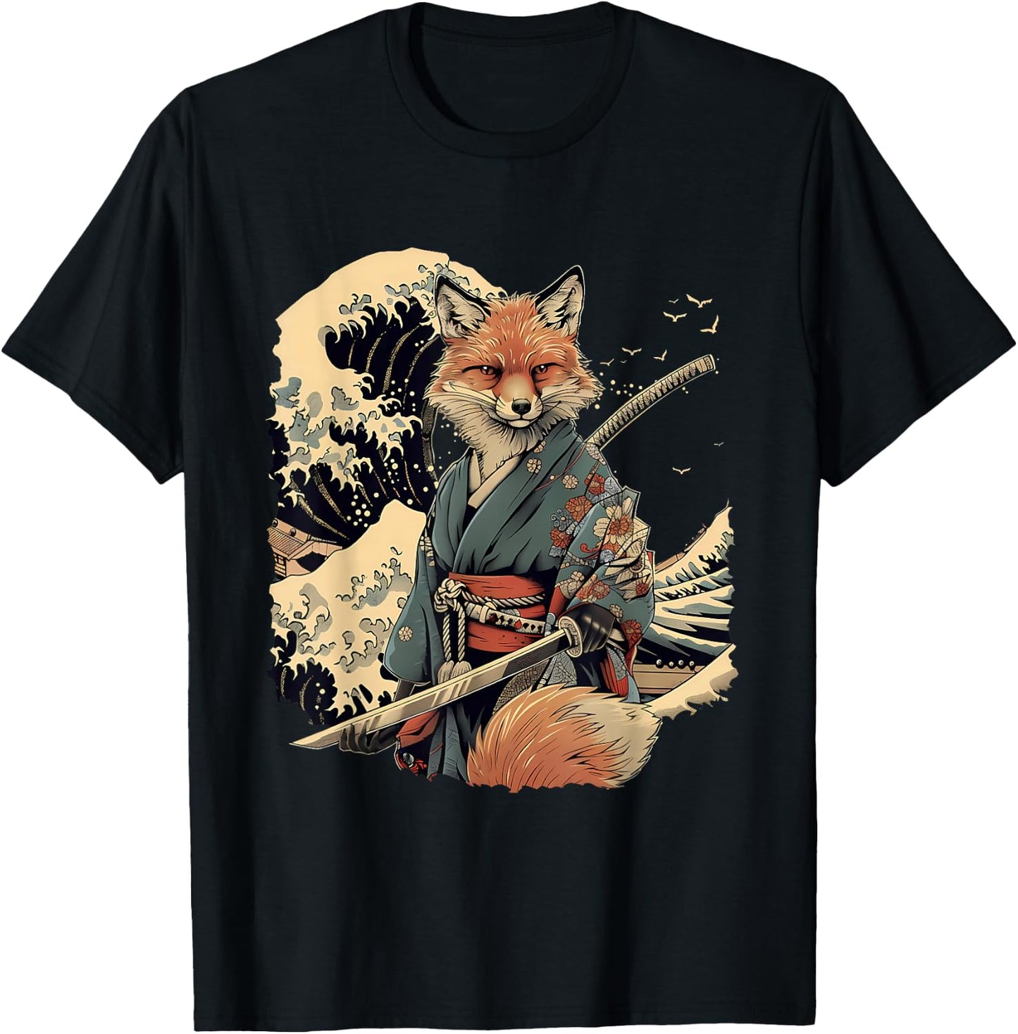 Samurai Fox Ninja Japanese Fox Warrior Ocean , Black, S T-Shirt - T-Shirt | Black