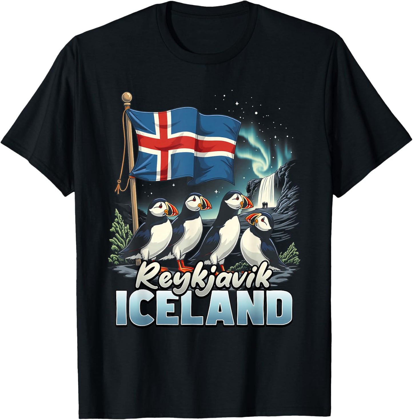 Reykjavik Iceland Flag Puffin Reykjavik Vacation Souvenir T-Shirt - T-Shirt | Black