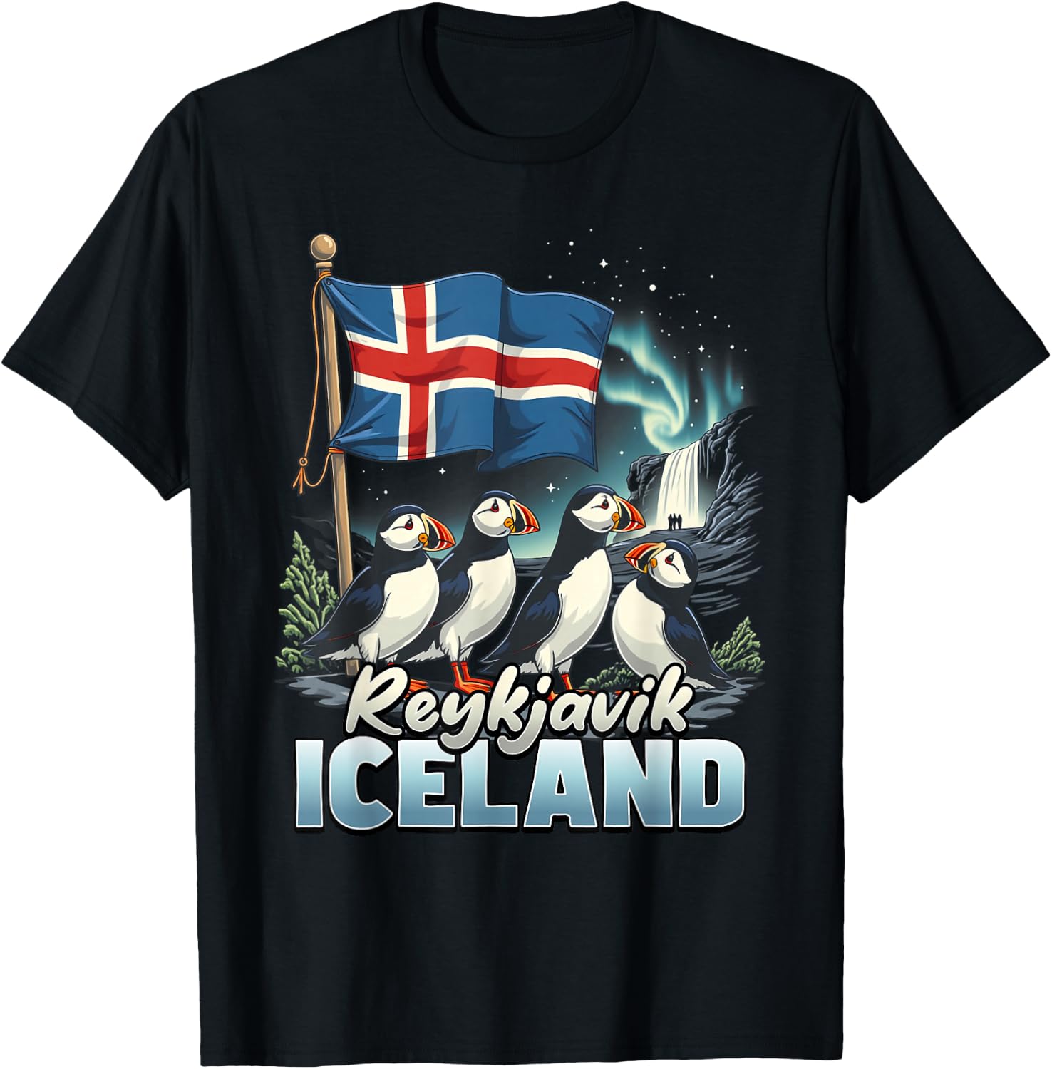 Reykjavik Iceland Flag Puffin Reykjavik Vacation Souvenir T-Shirt - T-Shirt | Black