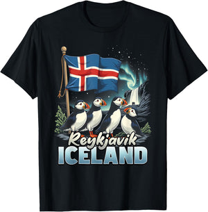 Reykjavik Iceland Flag Puffin Reykjavik Vacation Souvenir T-Shirt - T-Shirt | Black