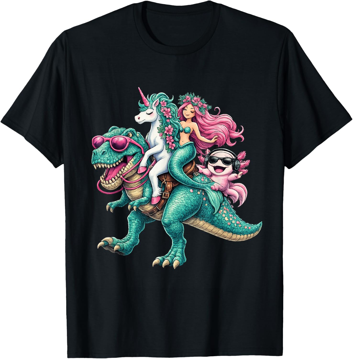 Mermaid Unicorn Axolotl Riding Dinosaur Granddaughter Niece T-Shirt - T-Shirt | Black