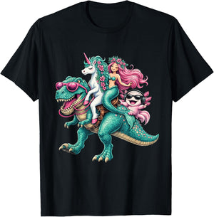 Mermaid Unicorn Axolotl Riding Dinosaur Granddaughter Niece T-Shirt - T-Shirt | Black