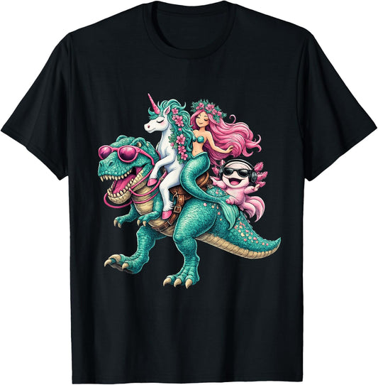 Mermaid Unicorn Axolotl Riding Dinosaur Granddaughter Niece T-Shirt - T-Shirt | Black