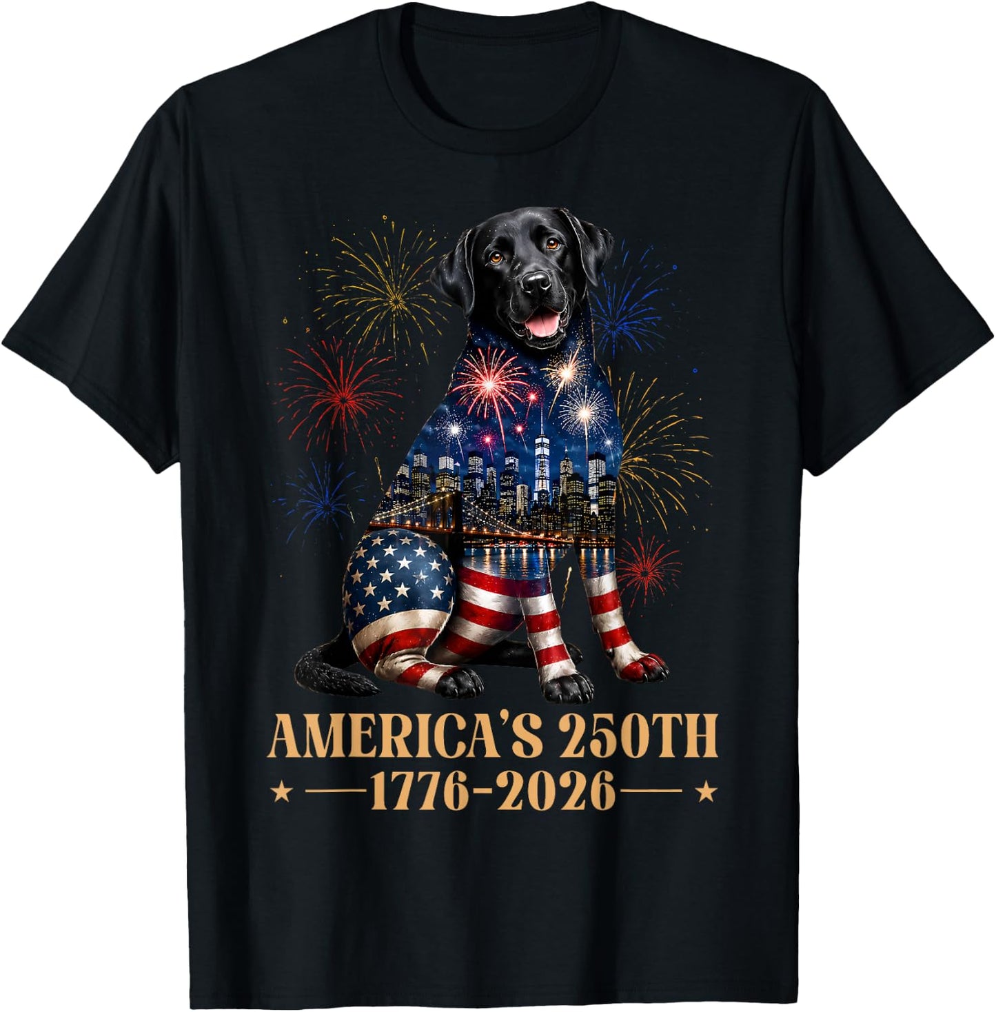 Fireworks 4th of July American Flag Patriotic Black Lab Dog T-Shirt - T-Shirt | Black
