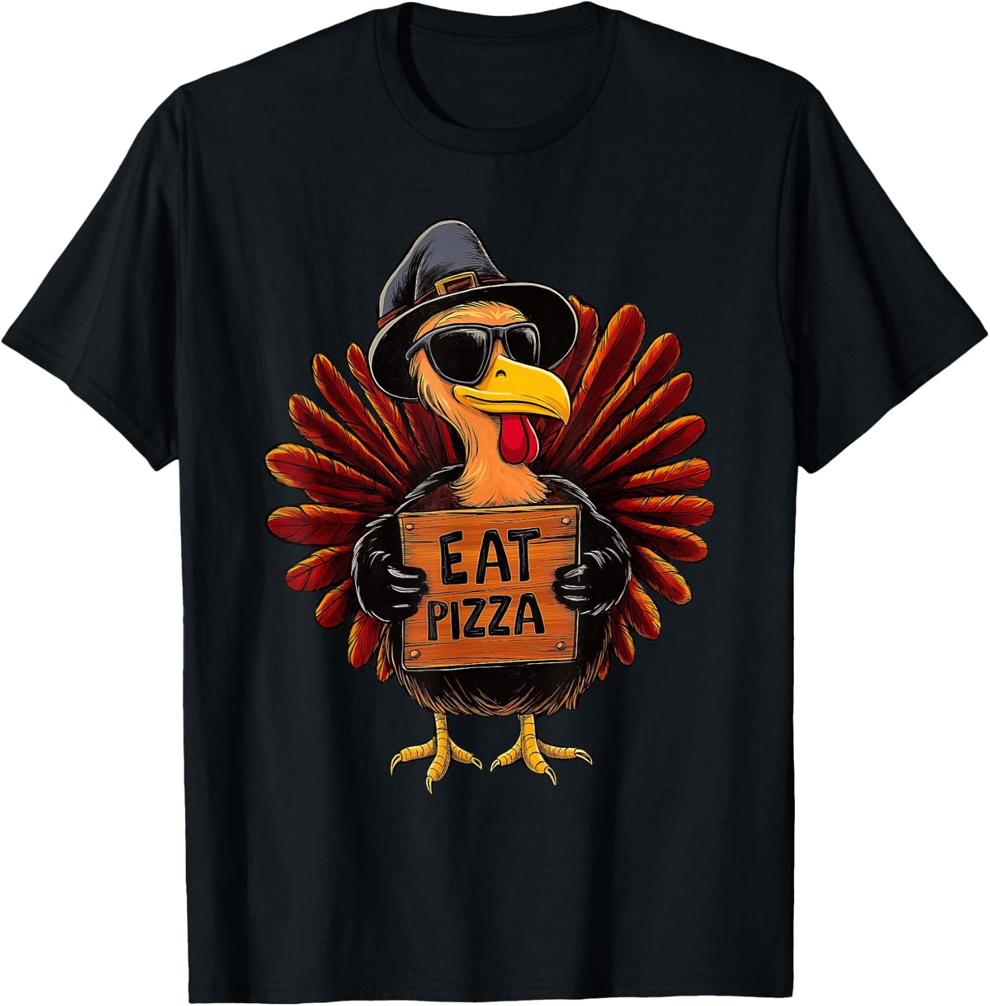 Funny Thanksgiving Turkey Eat Pizza for Kids Boys Girls T-Shirt - T-Shirt | Black